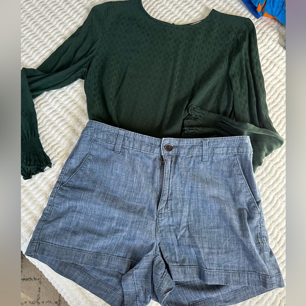 Bundle: Green Blouse and Blue Linen Shorts. Size Small.